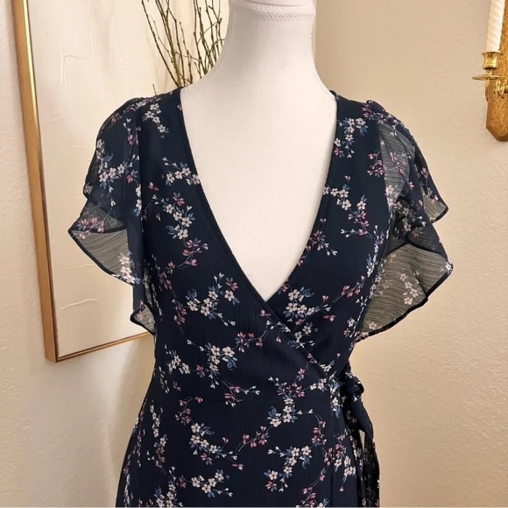 ANTHROPOLOGIE DREW Navy Floral High‎ Low Wrap Dress Size XS - Picture 2 of 10